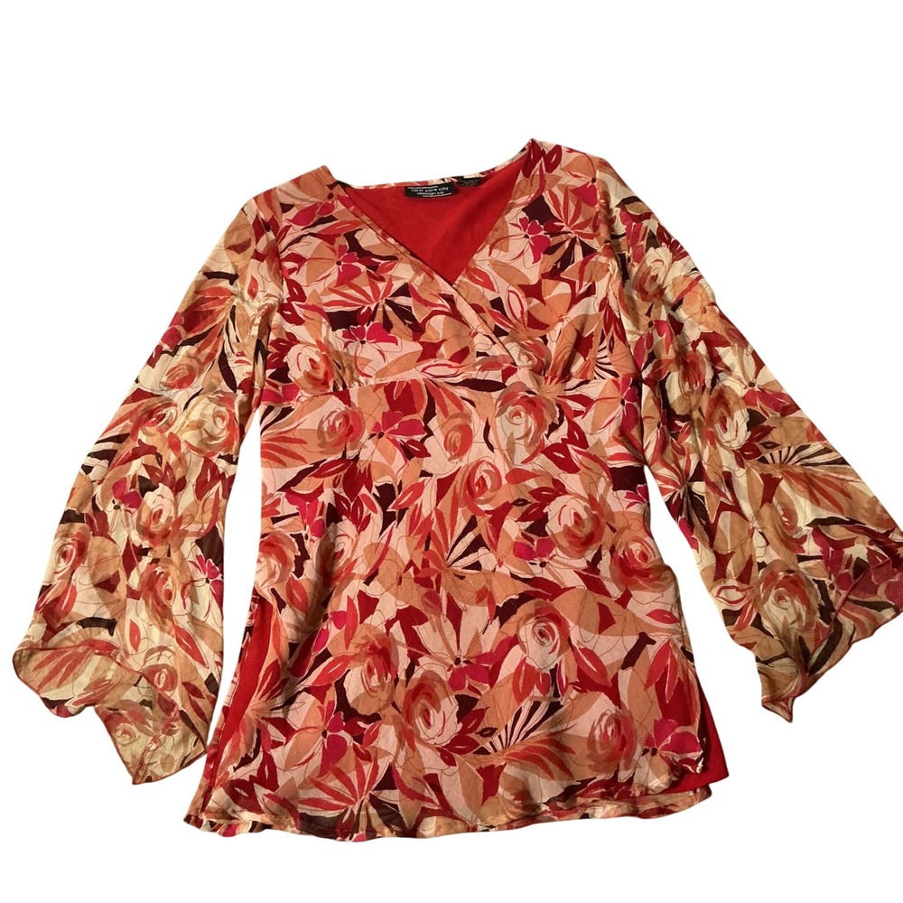 New York City Design Co Floral Silk Bell Sleeve Top Womens L Red Rose Whimsigoth